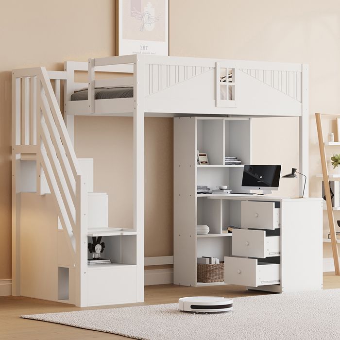 Lit mezzanine 90x200 bois massif blanc - Haute sécurité avec armoire