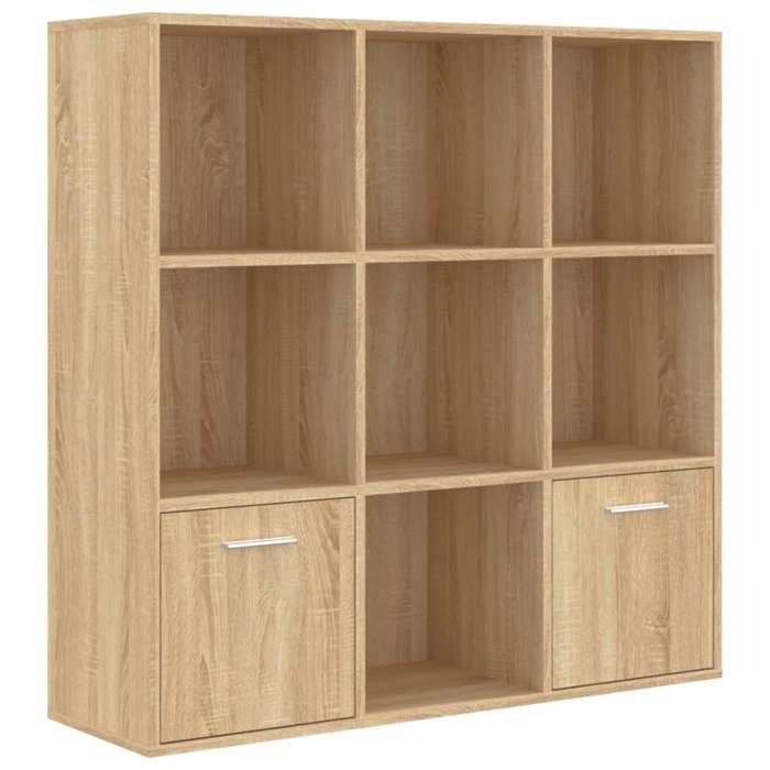 Bibliothèque en bois dingénierie - JILL - Chêne sonoma - 98x30x98 cm - 7 cubes ouverts - 2 portes - Facile à nettoyer