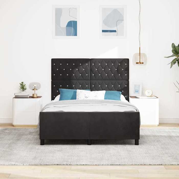 Lit à ressorts avec tête de lit - UU - 160x200 cm - Noir - Velours - Cadre en bois massif - Tête de lit ajustable