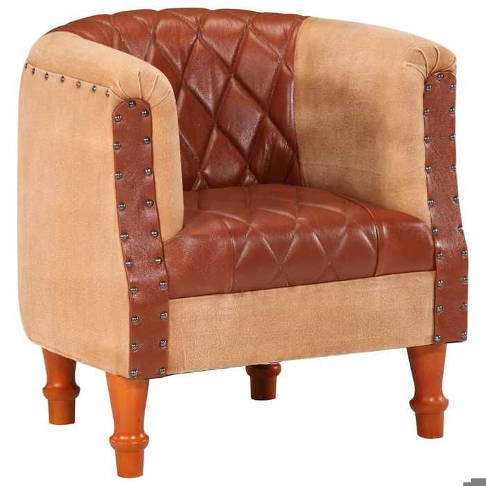 Chaise cabriolet cuir véritable - Happiness - Bois de manguier massif - 60x57x64 cm - Brun - Rembourrage cuir de chèvre