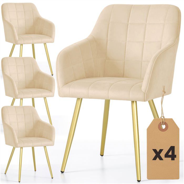 Lot de 4 Chaises rembourrées à surpiqûres carrées LUXANO Beige pieds dorés