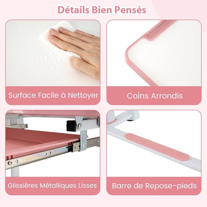 GIANTEX Bureau et Chaise pour Enfants avec Hauteur Réglable Plateau Incliné Pupitre Pivotant Porte-gobelet Tiroir Rose