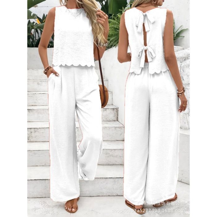 Ensemble femme 2 pièces : débardeur de sport sans manches et pantalon long décontracté pour l’extérieur-blanc