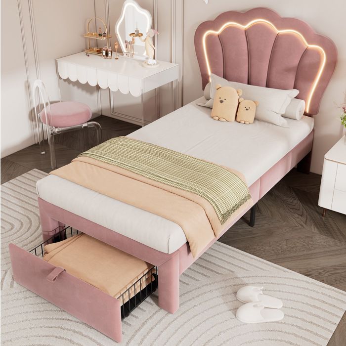 Lit enfant rose 90×190 cm LED RGB (app/télécommande) sommier inclus tiroir tête réglable stable