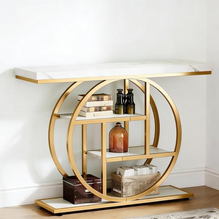 Table dEntrée BELLEMAVE - Console Industrielle à 4 Niveaux Structure à Base Circulaire Blanc+Or