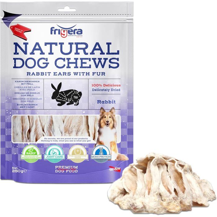 Frigera Oreilles de Lapin avec Poils 250g – Friandises Naturelles et Riches en protéines pour Chiens Barf