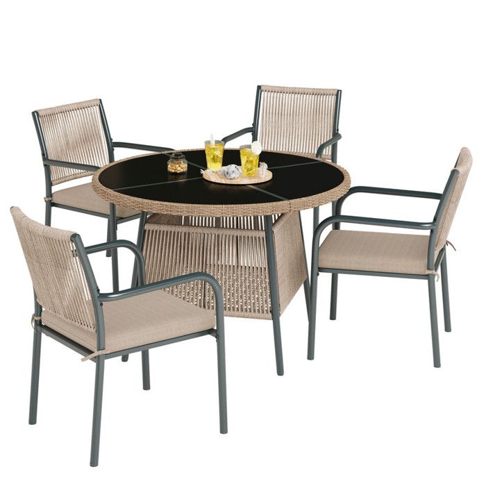 Ensemble de mobilier de jardin en rotin salon de jardin - table ronde en verre + 4 fauteuils - canapé dextérieur