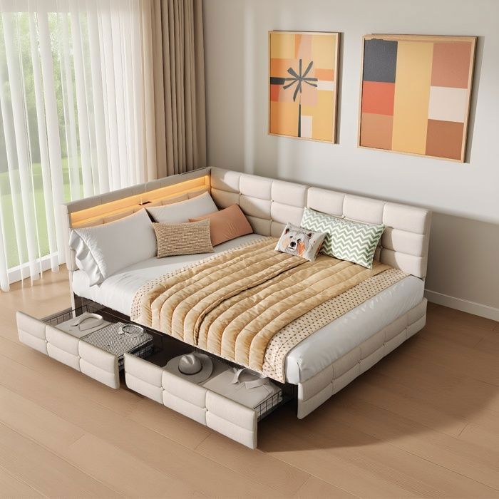 Canapé lit double 140x190 cm avec 2 tiroirs Lit banquette 2 places avec sommier LED et USB Lit Rembourré Multifonction Lin Beige