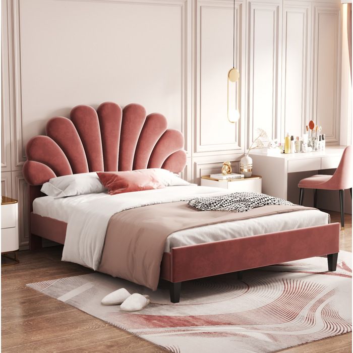 Lit double rembourré rouge haricot 140 × 200 avec tête de lit fleur sommier sans matelas