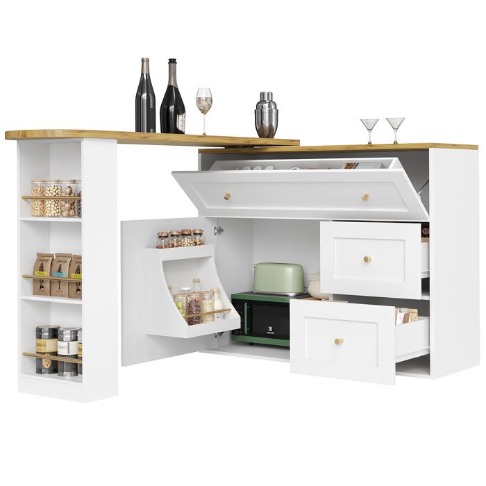 Buffet CuisineÎlot de Cuisine Extensible 138-204×39×105cmTable Bar 360°avec 2 tiroirs & étagère à snacksBlanc