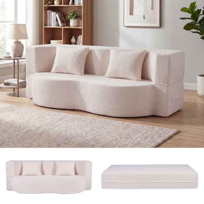 Canapé-Lit COSTWAY - 2 Places Convertible 2-en-1 Sans Montage en Tissu Teddy Polaire avec 2 Coussins Blanc
