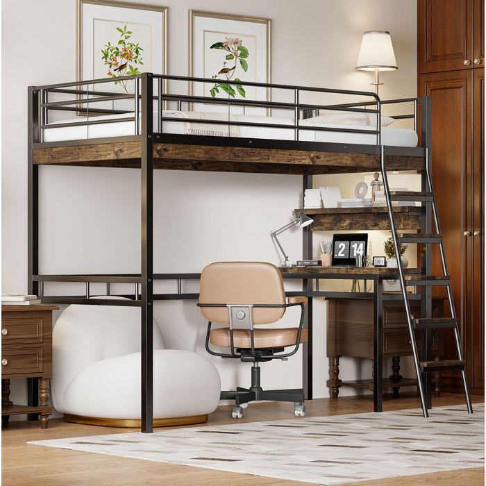 ULEVR Lit mezzanine 90 x 200 cm en métal noir avec bureau intégré étagères garde-corps et échelle sans matelas