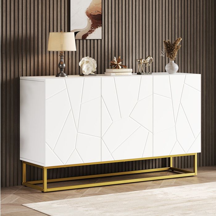 MEUVYX Buffet bas haute brillance 3 portes avec étagères réglables en panneaux de particules blanc et or 130×35×76 cm