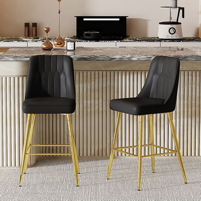 Lot de 2 Tabourets de Bar - BELLEMAVE - Cuir PU - Pieds Métalliques - Chaise de Cuisine - Hauteur 100 cm - Noir et Doré