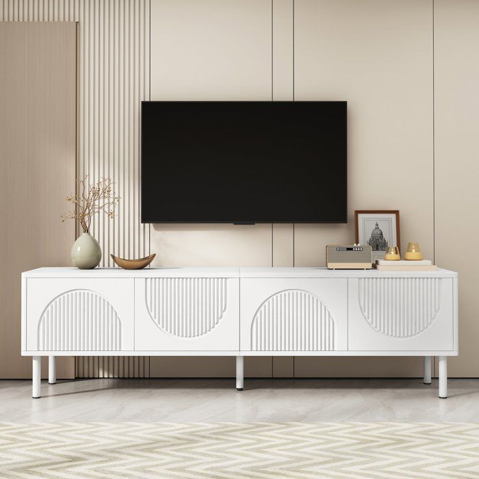 Meuble TV moderne 180 cm blanc mat portes relief 3D grand rangement passe-câbles lowboard minimaliste salon chambre entrée chic