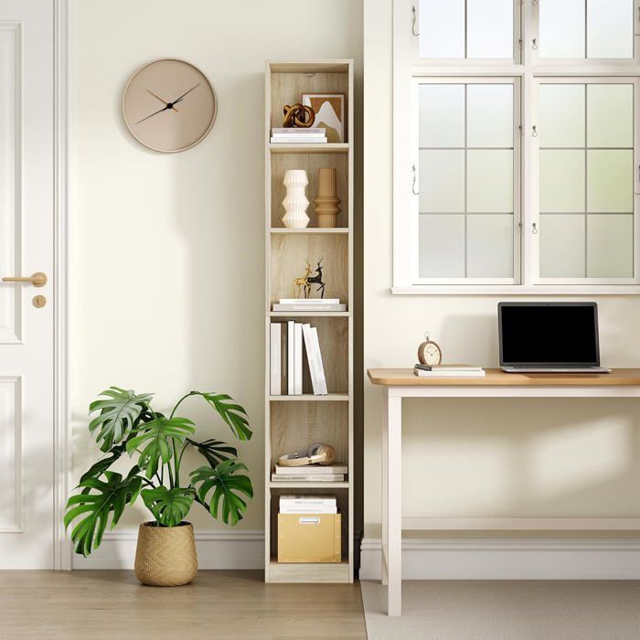 Bibliothèque Étagère à 6 Niveaux Bibliothèque Étroite Etagère Cube Meuble de Rangement Livres pour Bureau Salon Beige Chêne