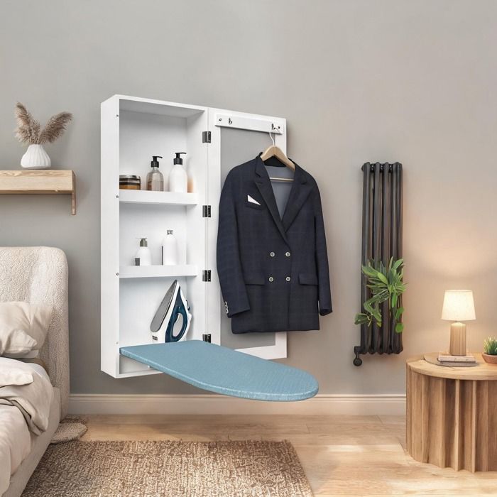 Planche à repasser murale avec rangement intégré MDF blanc 95x34x17 5 cm miroir et support pliant