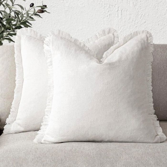 Lot de 2 housses coussin lin bohème franges pompons 45x45 cm blanc