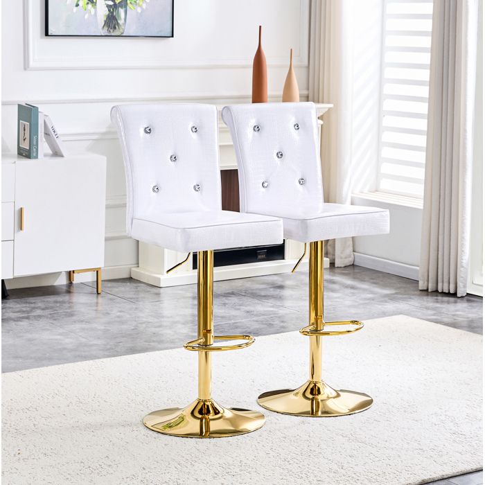 Lot de 2 Chaises de bar réglables Vintage avec cristaux dossier haut repose-pieds PVC blanc pied métal doré - UVRION
