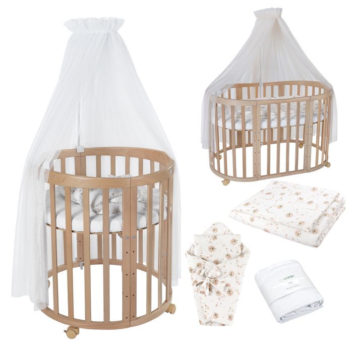 Waldin Lit Bébé Ovale 7en1 Évolutif Matelas - Naturel - Ensemble Pissenlit Blanc inclus