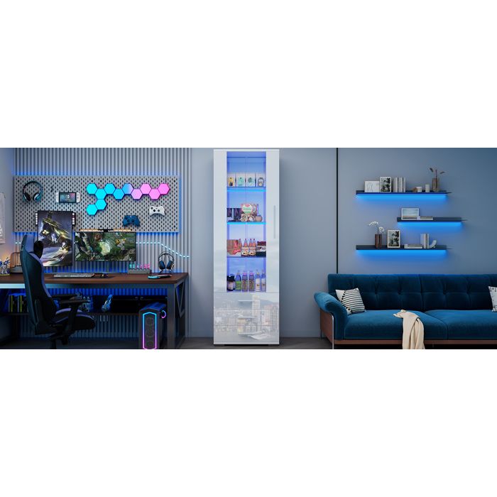 Modenuit vitrine 60 x 35 x 180 cm avec LED contrôlable par application 1 porte 3 tiroirs MDF blanc