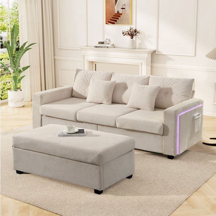 MEULVA Canapé dangle modulable 3 places en velours côtelé beige avec ottoman amovible LED et 5 coussins