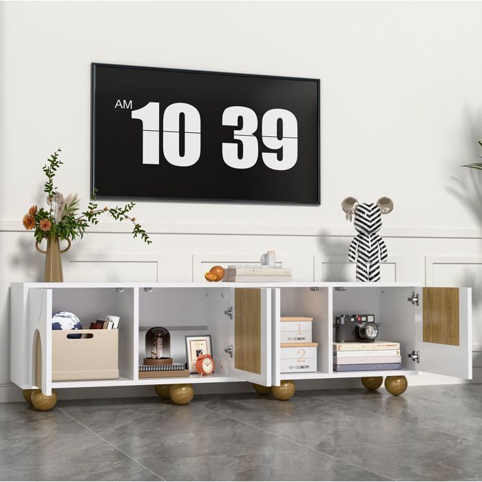 MEULVA Meuble TV 175 x 38 x 50 cm blanc et naturel avec 4 portes rangement en MDF et PB