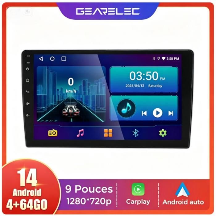 Autoradio 9 Pouces Android 14 CarPlay Android Auto Sans Fil GPS Bluetooth WiFi FM RDS 4Go+64Go