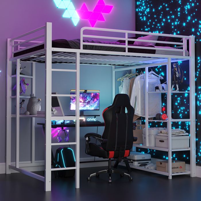 Design solide et sécurisé lit mezzanine surélevé en métal couleur blanc idéal pour petit espace gain de place rangements