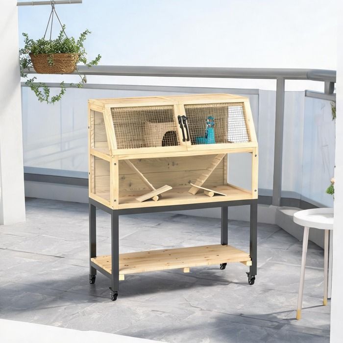 Cage spacieuse naturelle pour rongeurs avec roulettes 87 x 43 x 101 cm