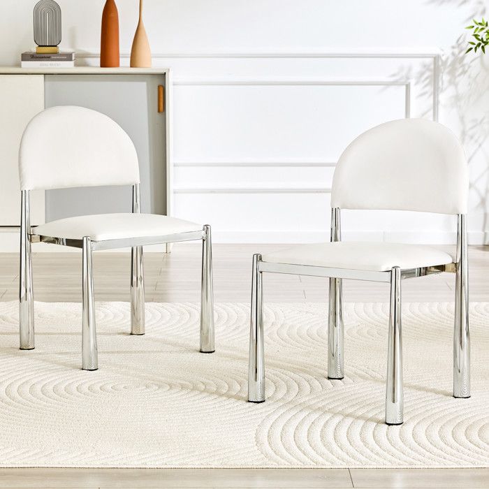 WUVRIE Lot de 2 chaises de salle à manger blanches dossier semi-circulaire rembourré revêtement PU et pieds en métal