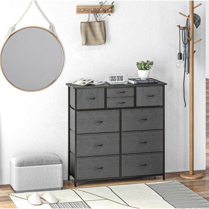 Buffet haut noir 10 tiroirs en tissu acier 100x30x100 cm meuble de rangement anti-basculement Grjofek
