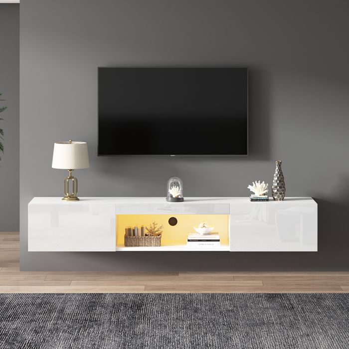Meuble TV Suspendu Blanc Laqué 160 cm avec LED Bluetooth Meuble TV Mural pour Écran 70 Pouces Rangement Salon Norevia