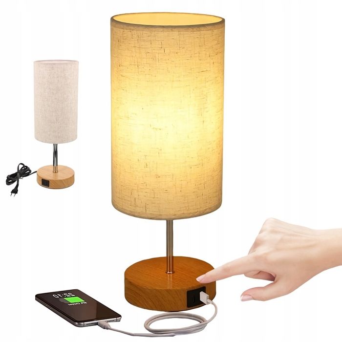 Lampe chevet LED-3000K-tactile-3 niveaux-ports USB/Type-C-5W-E27-abat-jour tissu-pied bois-220V-charge+éclairage