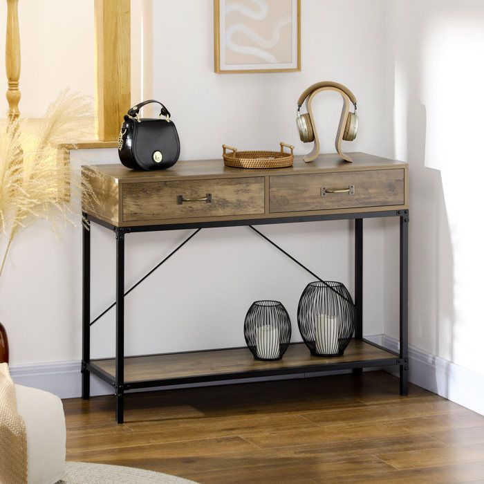 Console 2 tiroirs avec étagère inférieure style industriel vintage pour entrée et salon bois marron noir - UVRION