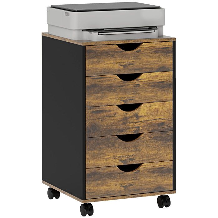 VVBV Caisson de Bureau Mobile à 5 Tiroirs Meuble Rangement sur Roulettes Support Imprimante 40x40x67 cm Marron Rustique
