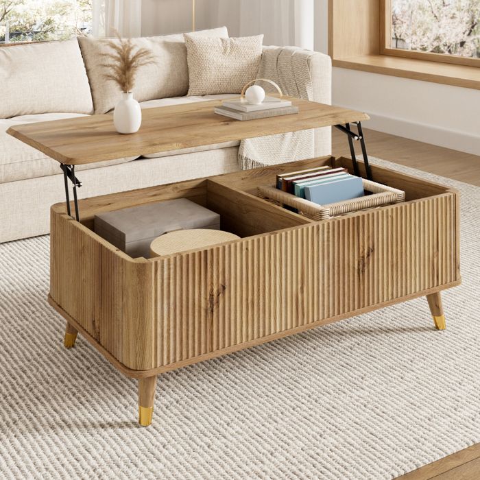 COVREO Table basse relevable et extensible style rétro moderne grand rangement façade ondulée structure MDF aspect bois naturel