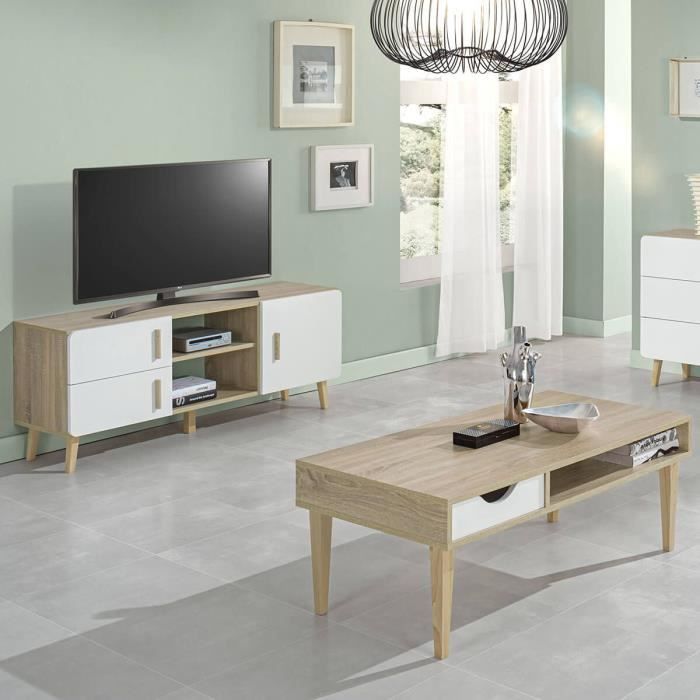 Meuble TV Table de Salon Table Basse avec Deux tiroirs Bois Solide de Sesham pour Bureau TV 120x35x45 cm