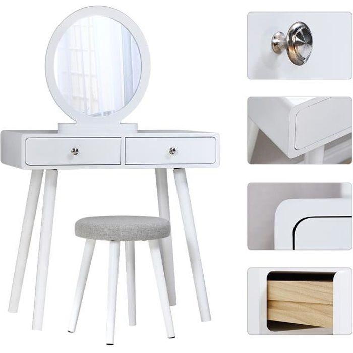 Coiffeuse Enfant XXL En Bois Avec Miroir LED Et Tabouret - Bureau 2-en-1, Accessoires Inclus