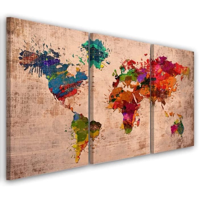 Tableau Déco Carte Du Monde En 5 Parties - Toile Imprimée 225x90 Cm - Idée Cadeau Pour Salon, Bureau Ou Chambre