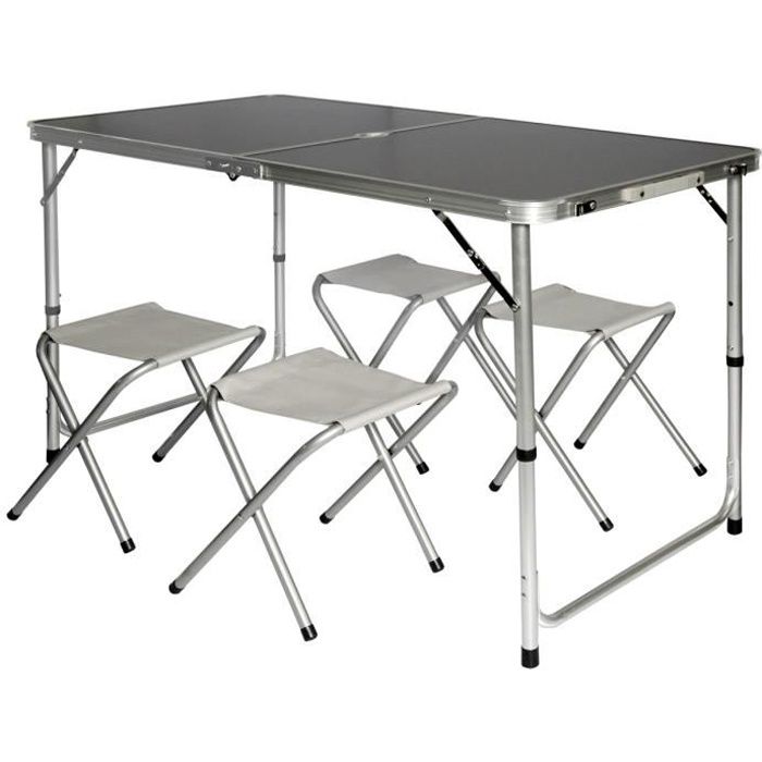 table de camping pliable réglable en hauteur 120x60x70cm incl. 4 tabourets pliants format mallette gris foncé
