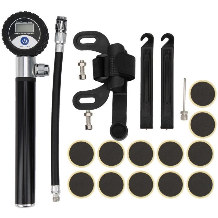 EBTOOLS Kit de pompe à vélo Kit Pompe à Air d'Affichage Numérique de Vélo avec Tuyau Aiguilles Outil de Réparation de