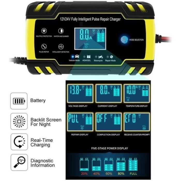 3pcs Chargeur Batterie Voiture Intelligent 8A 12V/24V,3 Étapes de