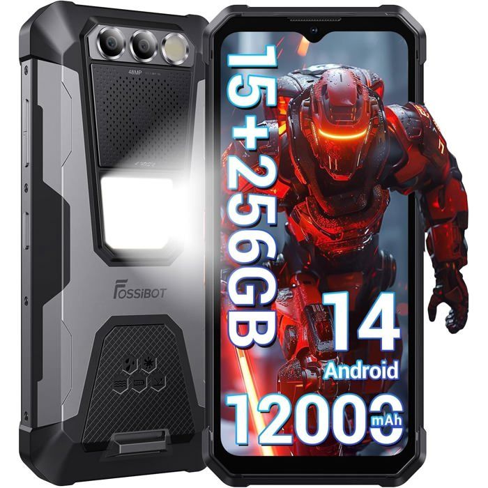 FOSSiBOT F106 Pro Smartphone Robuste 15Go + 256Go 12000mAh FHD+ 658 48MP Android 14 Helio G85 Octa-core Double SIM 4G Noir