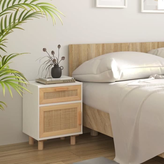 Table de chevet - ESTINK - 117167 - Bois de pin massif - Rotin naturel - Blanc