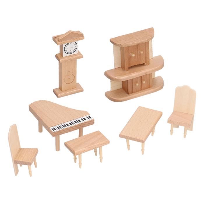 Set Meubles Maison De Poupée En Bois – Chambre Enfant Miniature – Lit Superposé, Berceau, Cheval à Bascule – Dès 3 Ans