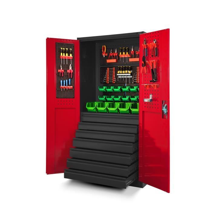 Armoire à Outils TC007 Armoire datelier Métallique avec 7 Tiroirs Portes battantes Tôle dacier 185 x 92 x 50 cm (Anthracite/Rouge)