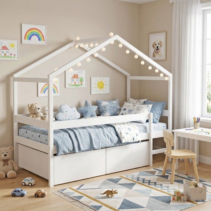 Lit cabane MIKA 90x190 + sommier + 2 tiroirs / Blanc Lit cabane MIKA 90x190 + sommier + 2 tiroirs / Blanc