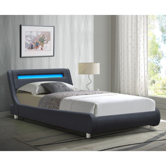 Lit gina pour matelas 90x200 - Sommier Tte de Lit Incurvee Couleur NOIR Pieds en 5 cm - 13 Lattes - revetement