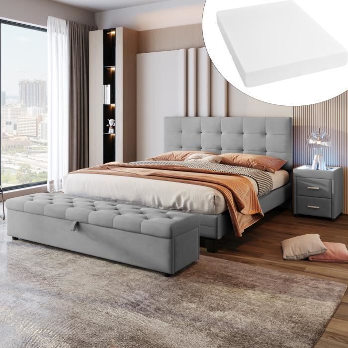 emsemble chambre lit double 140x200 cm en velours + table de chevet + banc coffre + matelas en éponge, style contemporain, gris